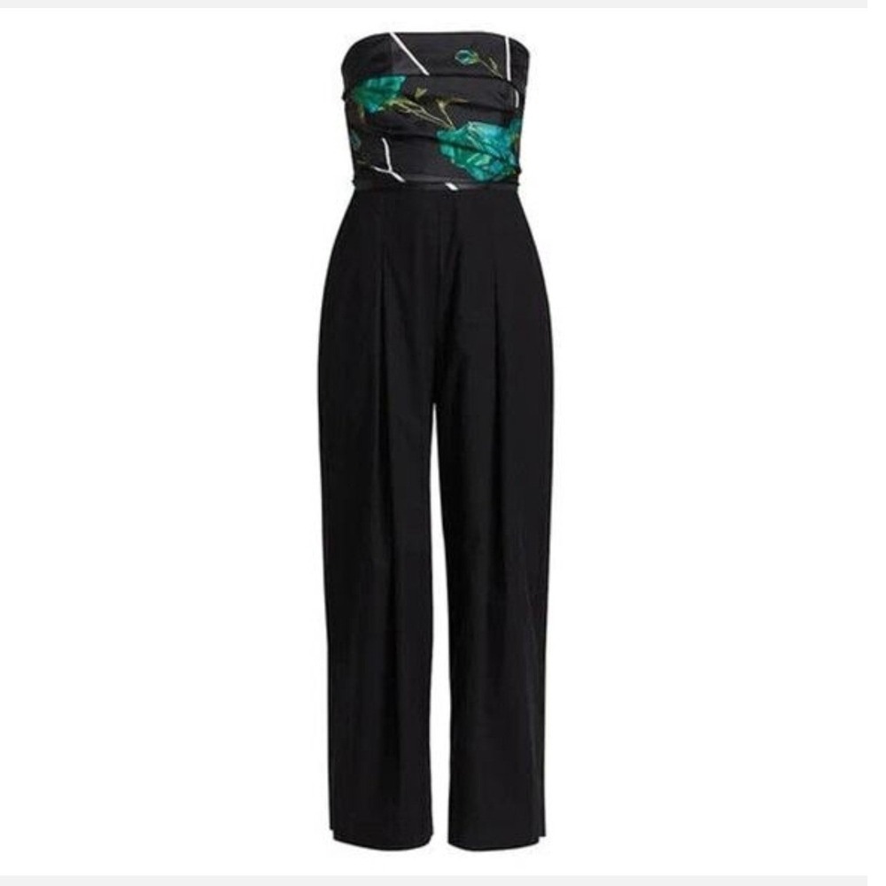 Rachel Comey Tillson Silk Floral Strapless Wide Leg Jumpsuit Black Green Size 14